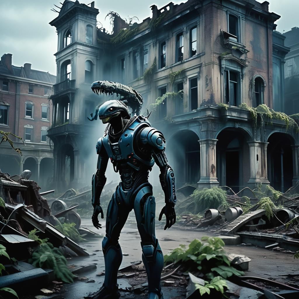 Elegante, victorian town in ruins. Post-apocalyptic atmosphe...