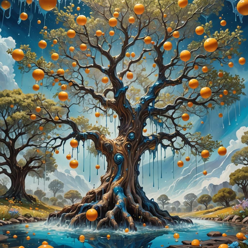 Surreal Blue Orange Tree with Flowing Milk and Honey