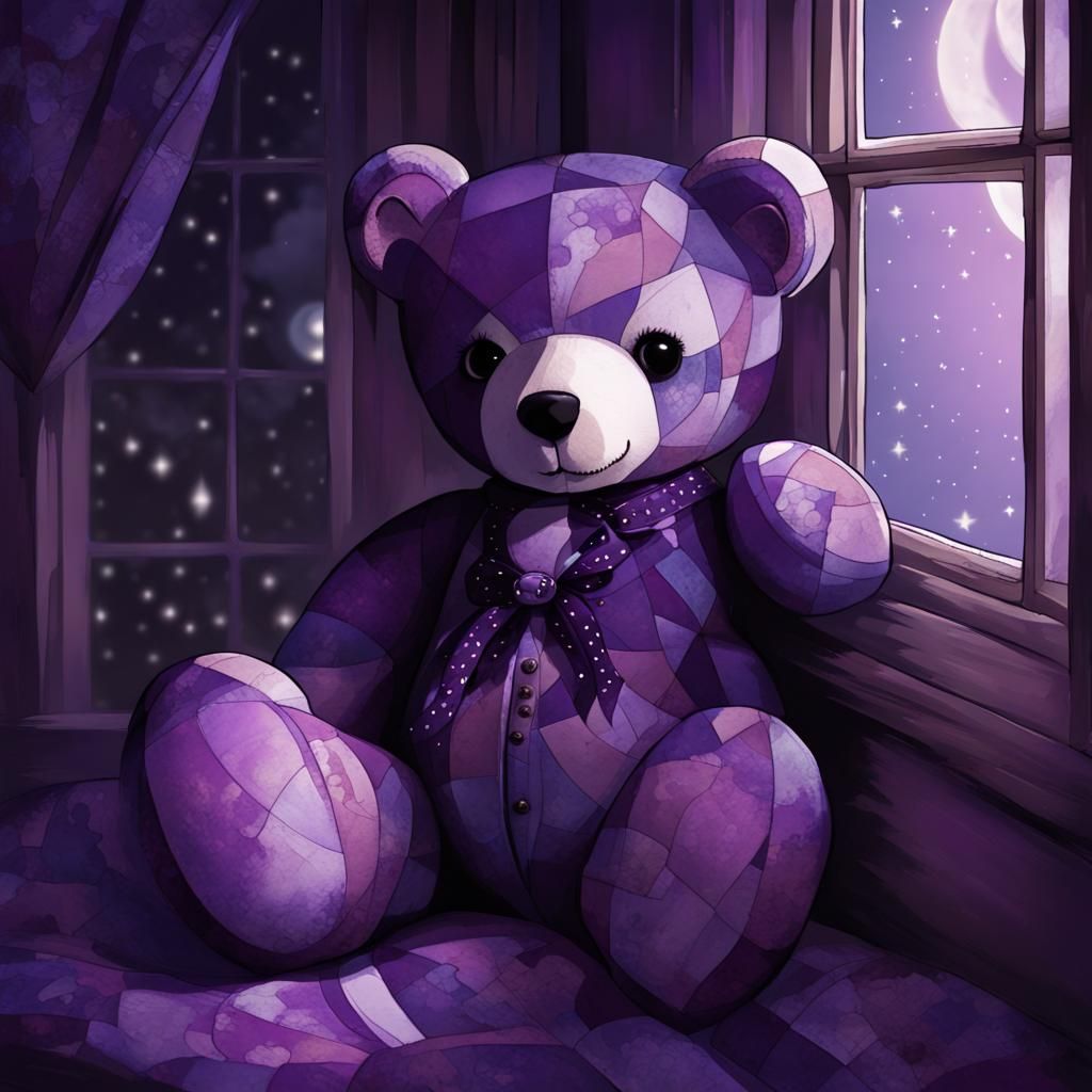 A cute, goth-style patchwork teddy bear in shades of purple and violet, gazing out a moonlit window into ...  by @KaideusAkara