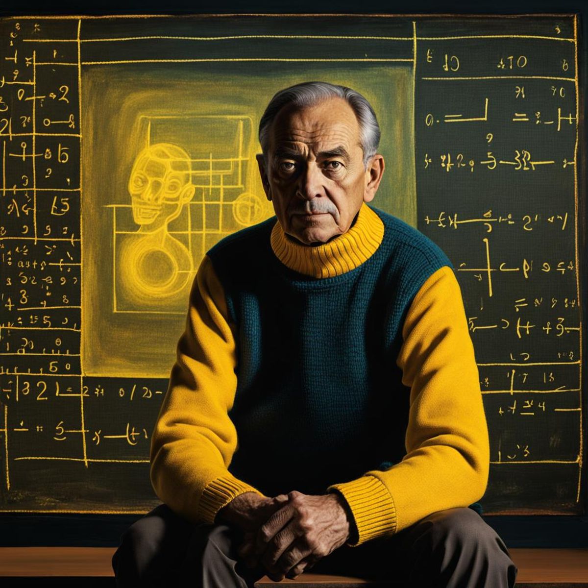 A portrait of Stanislaw Ulam wearing a yellow sweater seating in front ...