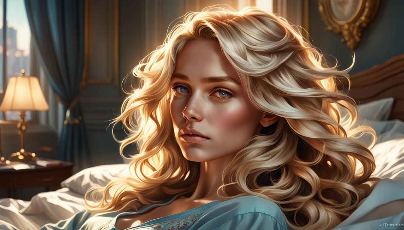 Gorgeous model, wavy blond hair, bed, beautiful lighting, he...