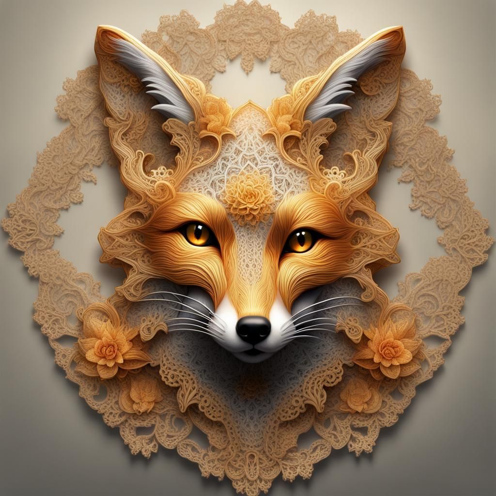 fox made of fine lacy golden lace filigree, fantasy splash a...