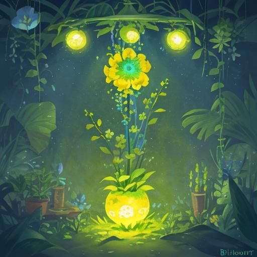 Bio Art Experimentation, exotic flowers, solarpunk, bioluminiscent machine core enveloped 