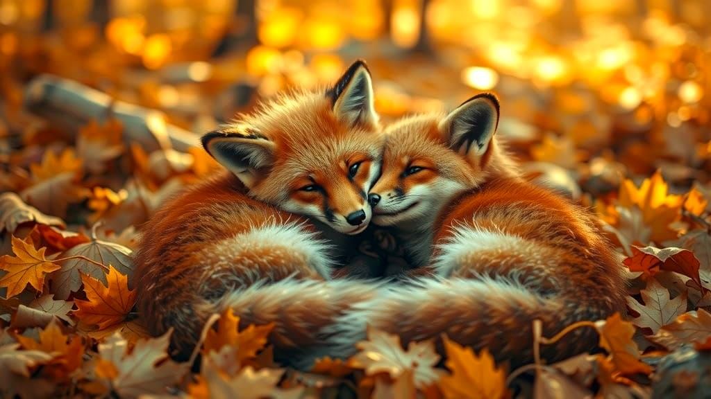 🍂🦊🍁Ultra-realistic close-up of two red foxes curled up in a pile of golden maple leaves.  by @Hugo Raul