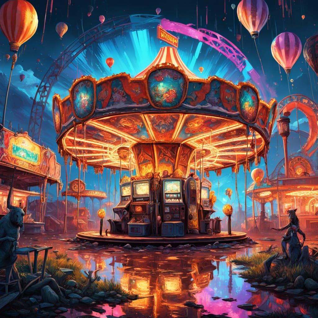 Vibrant comic-style double exposure chaos scene — wide-angle shot of an old abandoned amusement park ...  by @hip hop