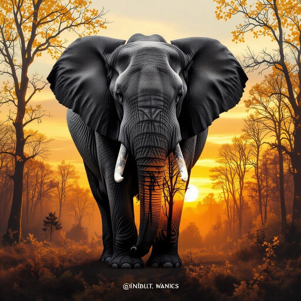 Giant Elephant Merges With Autumn Forest Landscape