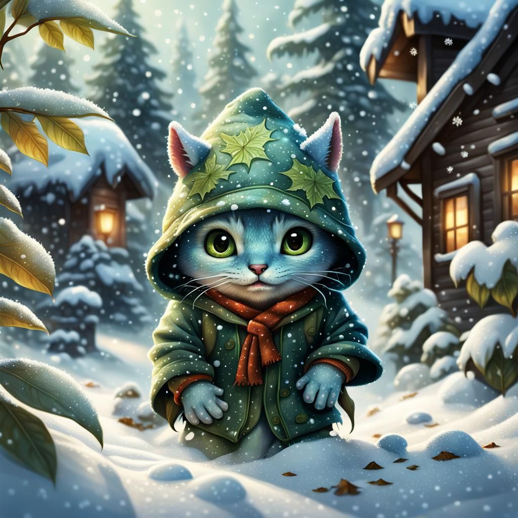 "An adorable little spotted monster wearing a hood hiding under a leaf