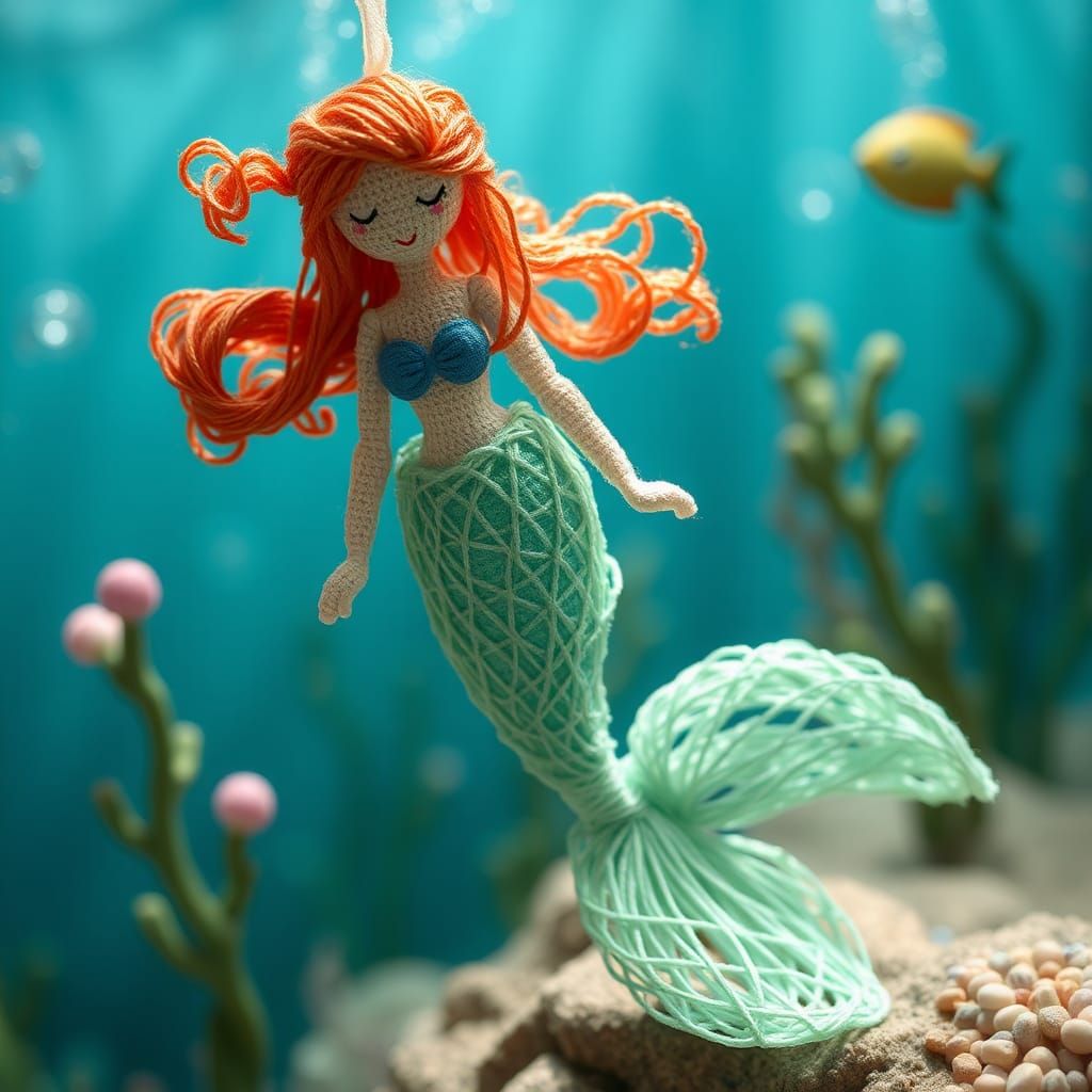 Mermaid Ariel, under the sea, made of string  by @Andy Does AI