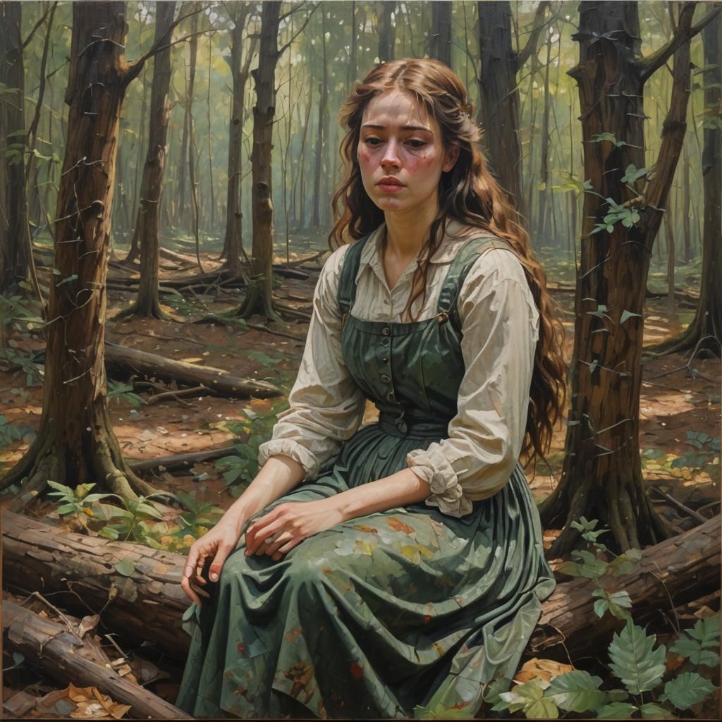 Crying Girl in Forest: Oil Painting
