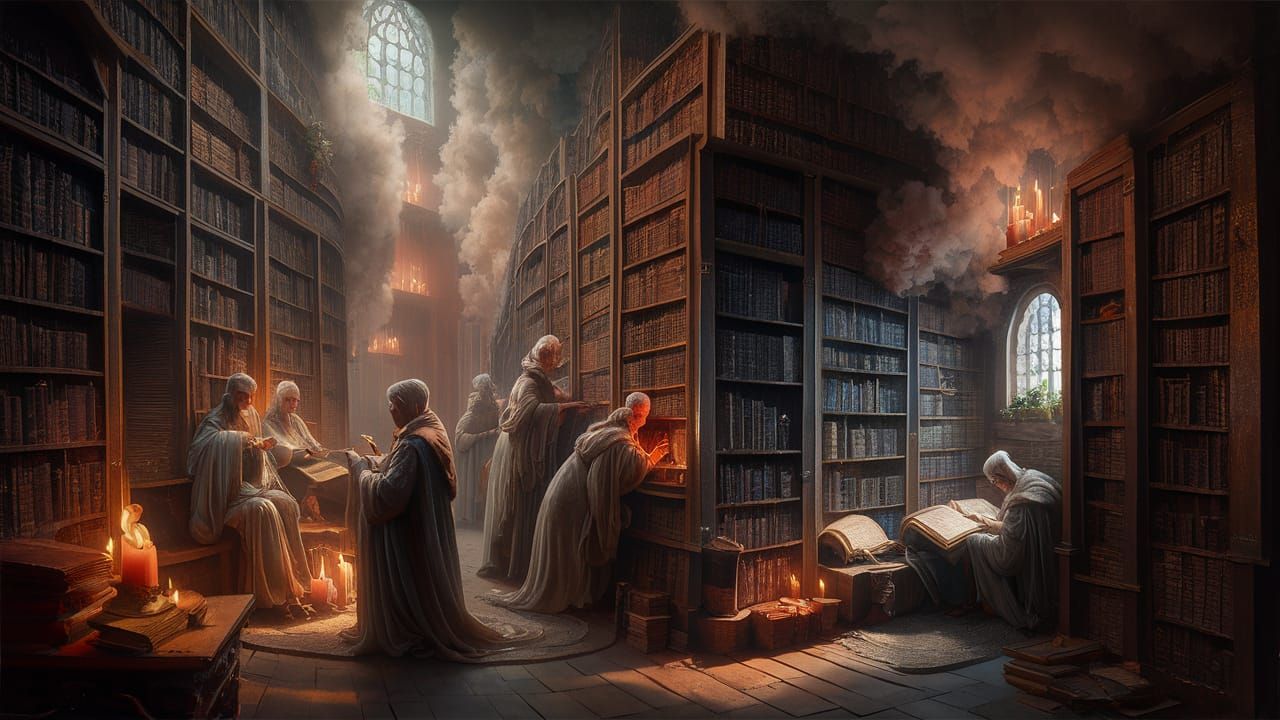 An ancient library filled with towering shelves of scrolls a...