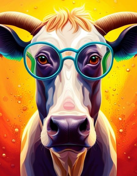 spotted cow looking at camera with glasses