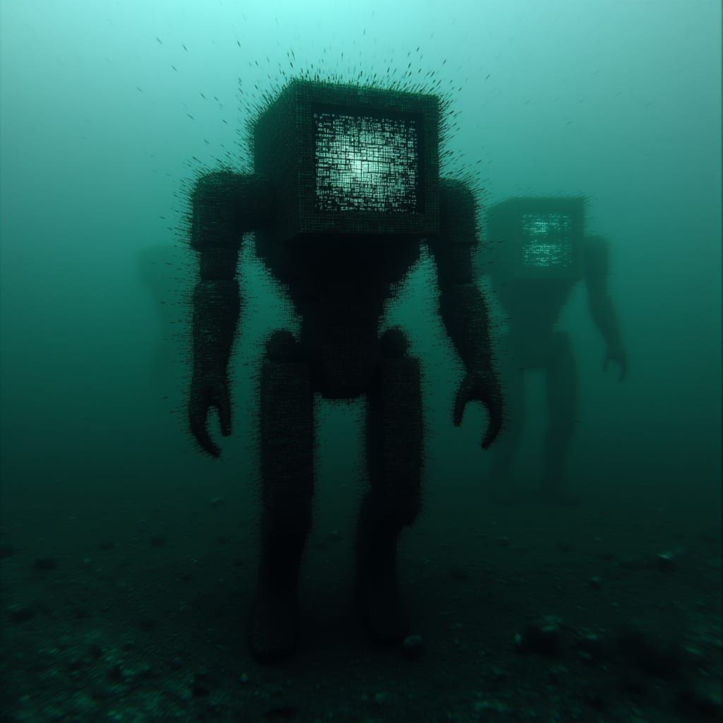  <lora:GlitchFlux MJ6-1:1.3> An underwater robot with an old computer screen for its head, covered in broken digital symbols and floating bl...
