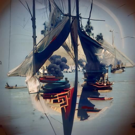 South China harbor; sailboats; arches; kaleidoscopic; smoke;...