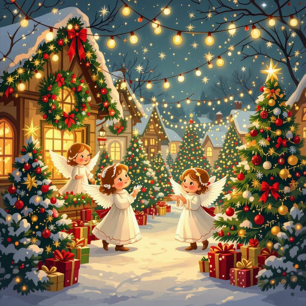 A beautiful, cheerful, inviting poster for a Christmas market with lots of twinkling lights, sweet angels, beautiful Christmas wreaths and d...