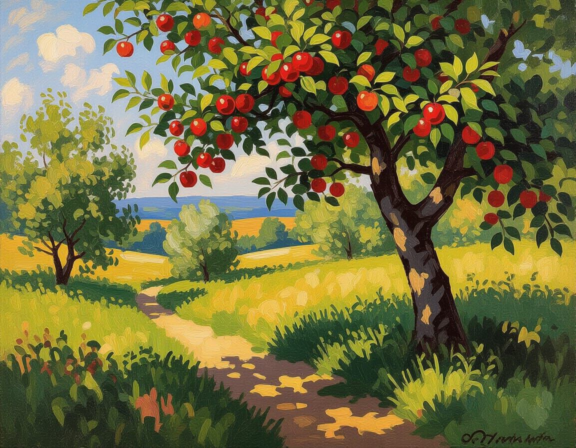 Vibrant Apple Tree in Impressionist Style