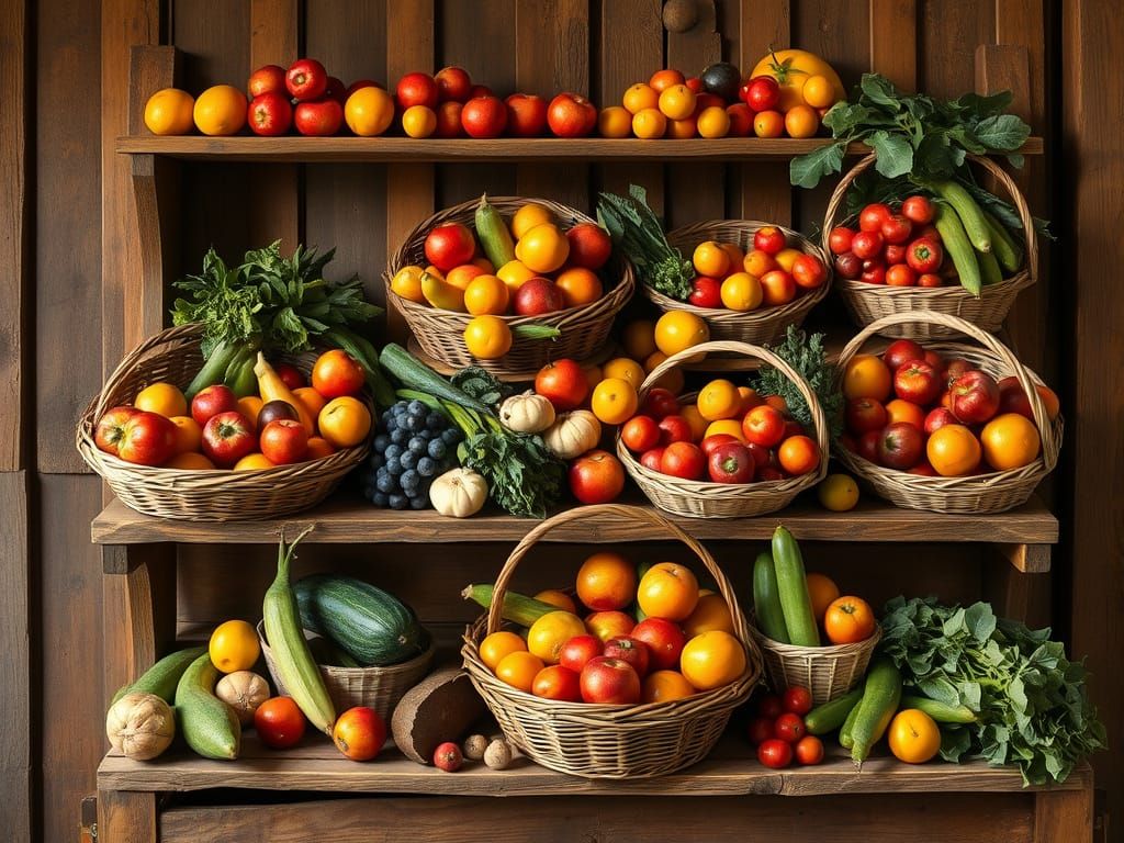 A wooden stand filled with baskets of fruit and vegetables.  by @Katharina 