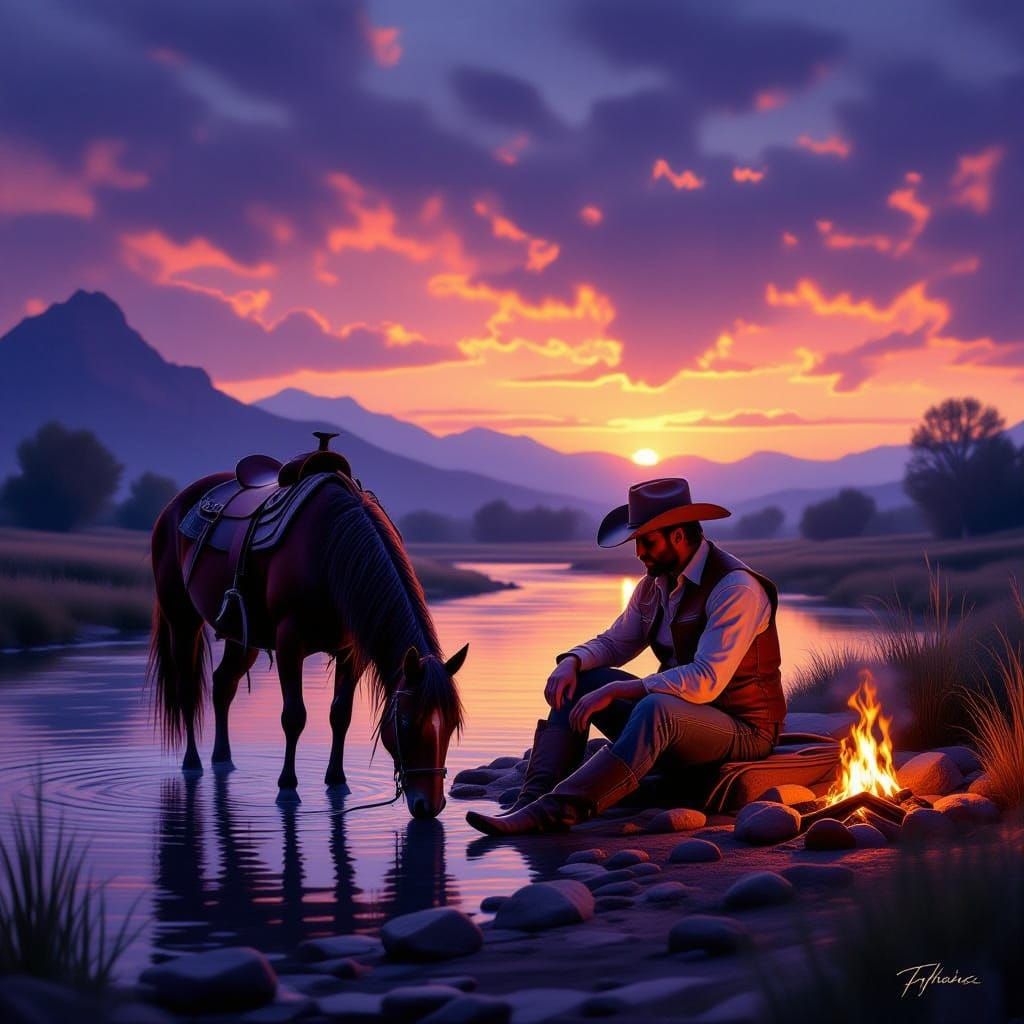 “A cowboy resting at his evening camp gently strokes his loyal horse as it leans down to drink from a calm river. The warm glow of dusk pain...