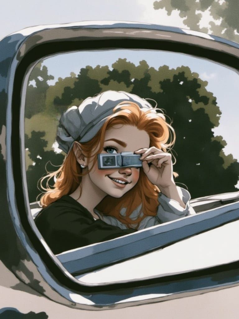 Vixen Taking a selfie in her convertible car mirror with the new "slim" Maj-tech camera