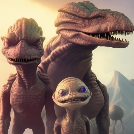 Three little aliens and the big bad T-Rex