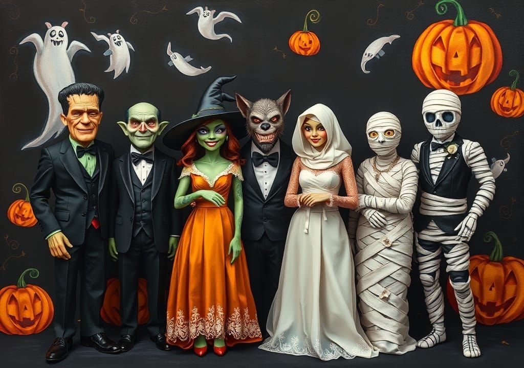 A group of monsters posing for a "prom photo" in front of a makeshift backdrop decorated with Halloween-themed ...  by @Exo1124