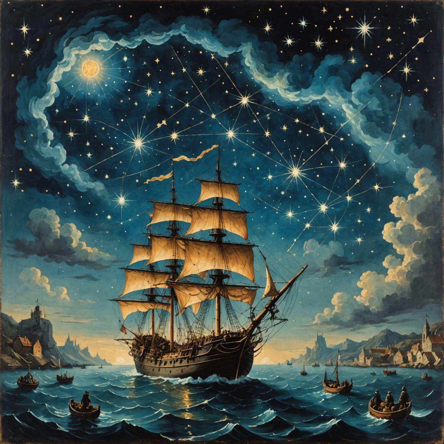 A ship sailing beneath a sky full of constellations, Georgian painting  by @Mr Mrs Meadows