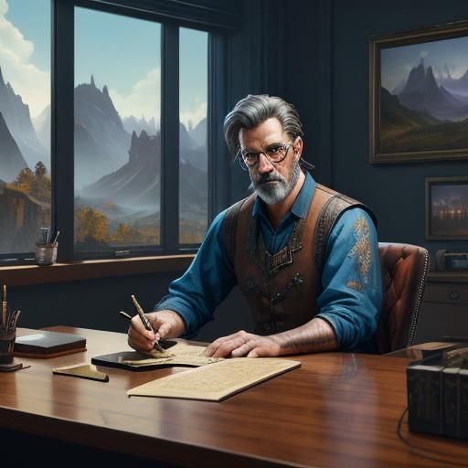 a man working at a desk in front of windows