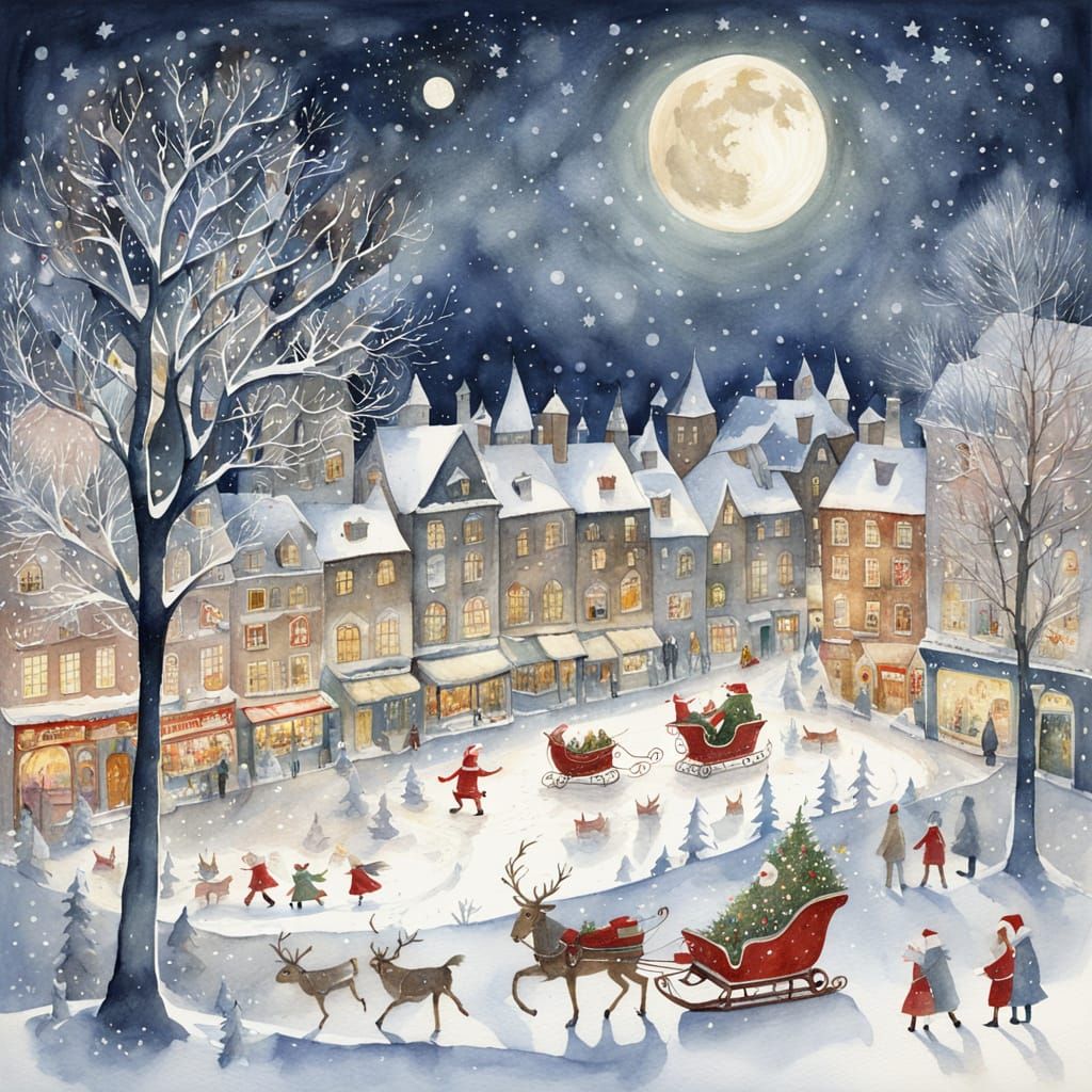 Santa's Moonlit Village with Elves in Watercolor Style