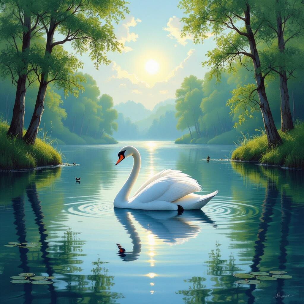 Serene White Swan on Clear Lake at Sunrise Oil Painting