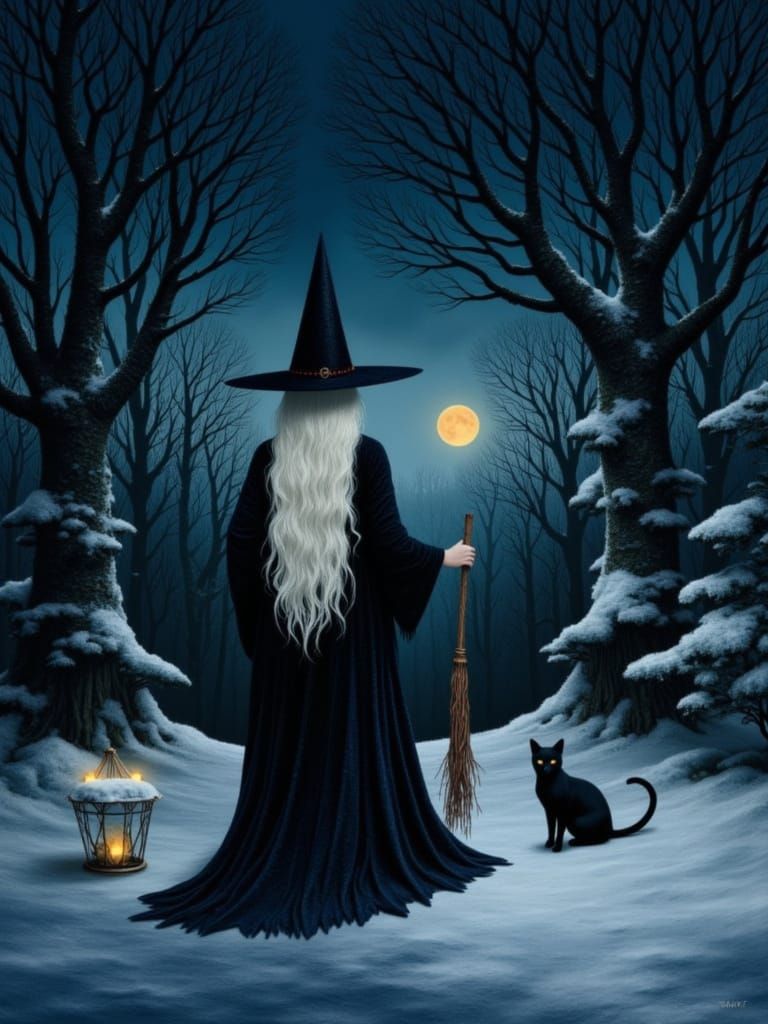 <lora:mixit:1.0> <lora:MJ Style:1.0> <lora:Surreal Shine:1.0> <lora:Wonderfulart:1.0> A witch and her anatomyicaly correct  black cat in the...