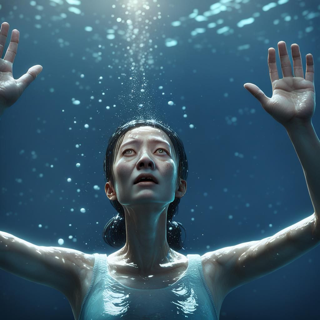 Submerged Woman Reaching for Light in 3D