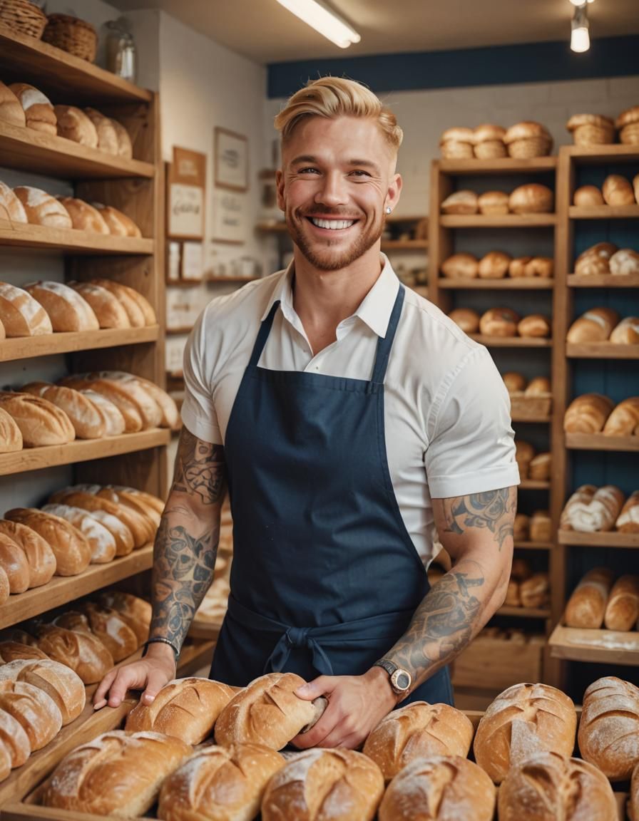 blonde muscle man with tattoos selling bread in a bakery shop smiling, wearing a white-collar shirt with blue apron,he h...