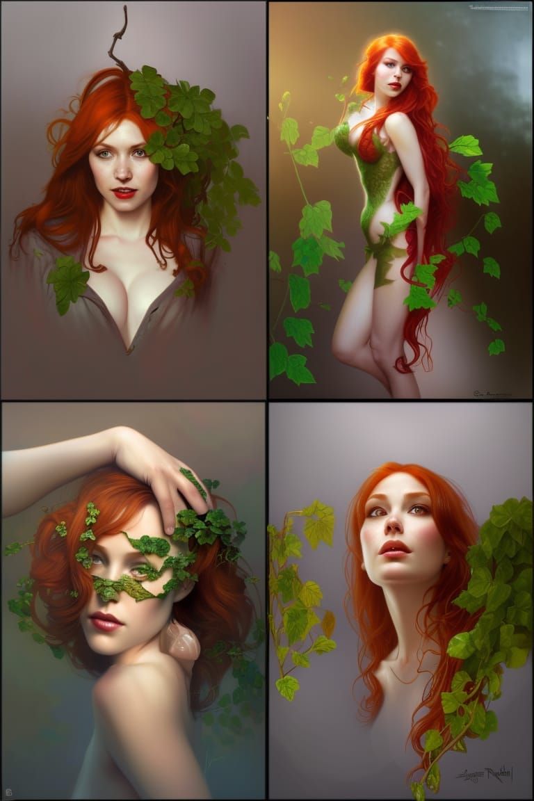 Poison Ivy Beautiful Redhead Leefy Vines In Her Hair Head And Shoulders Portrait Headshot D