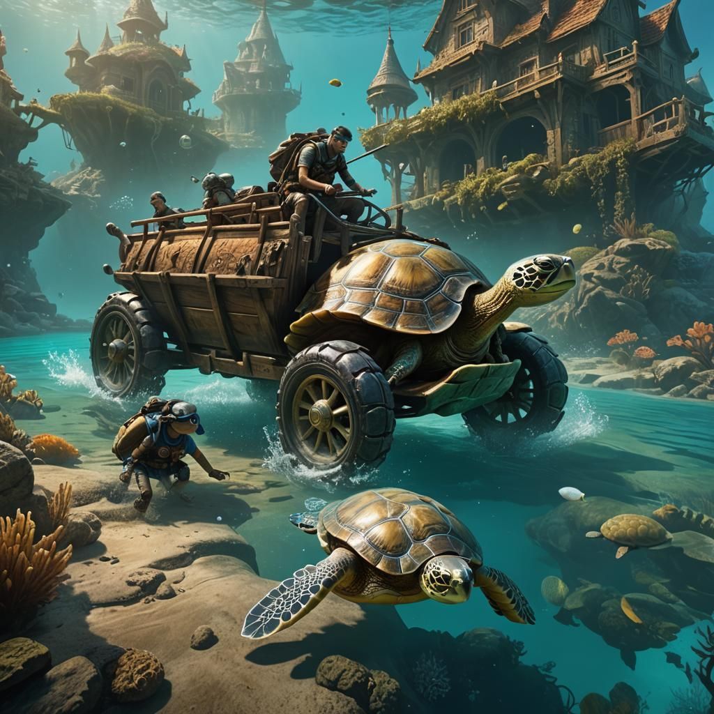 using quin gold  and turquoise a turtle underwater towing a ...