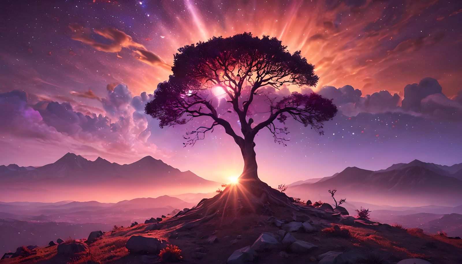 Sunset Mountain Vista with Lonely Tree