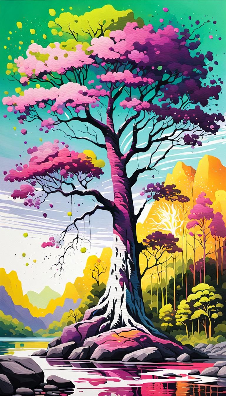 Vector art style painting with white, purple & pink, lime-Ye...