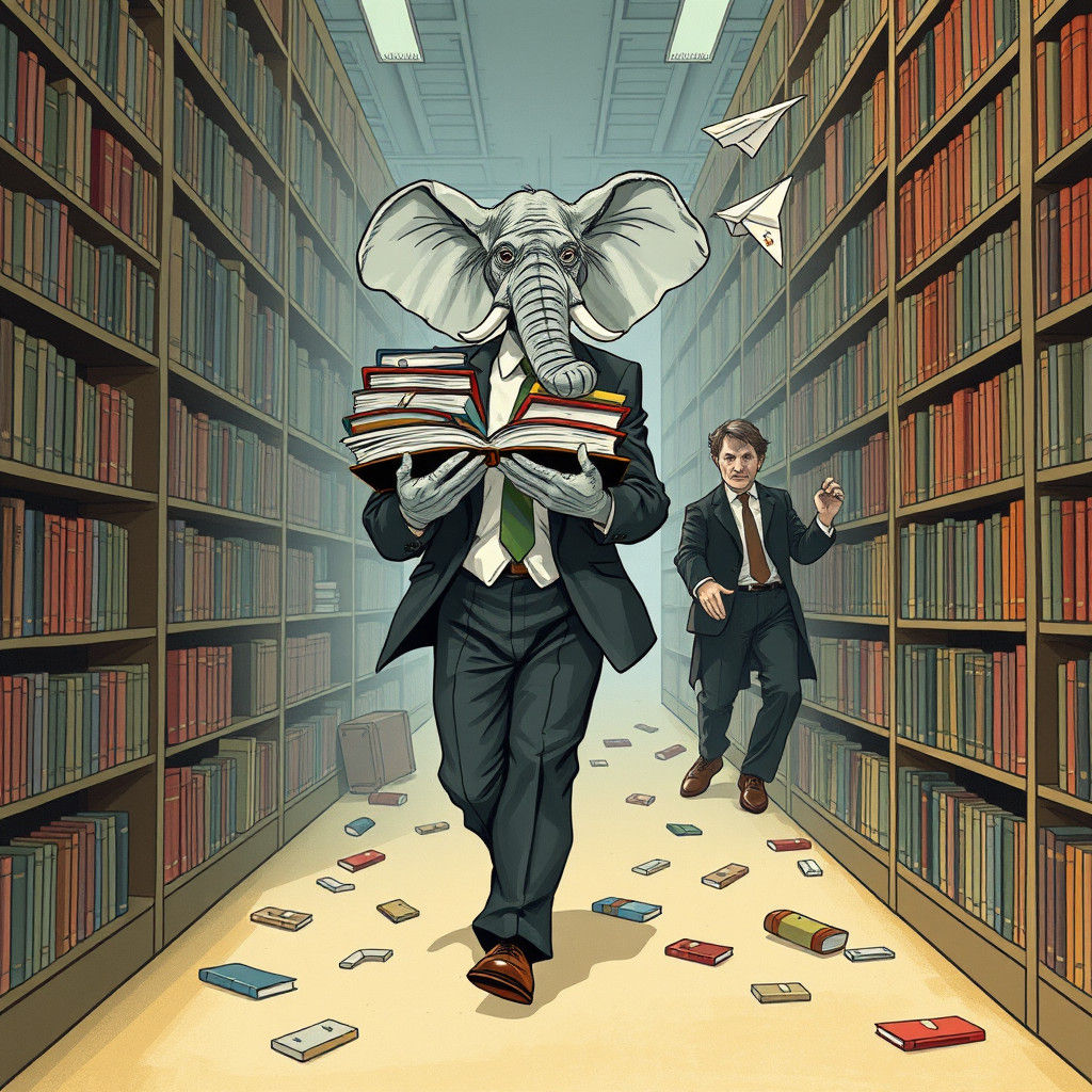 Library Chaos: Elephant-Eared Man in Quentin Blake Style