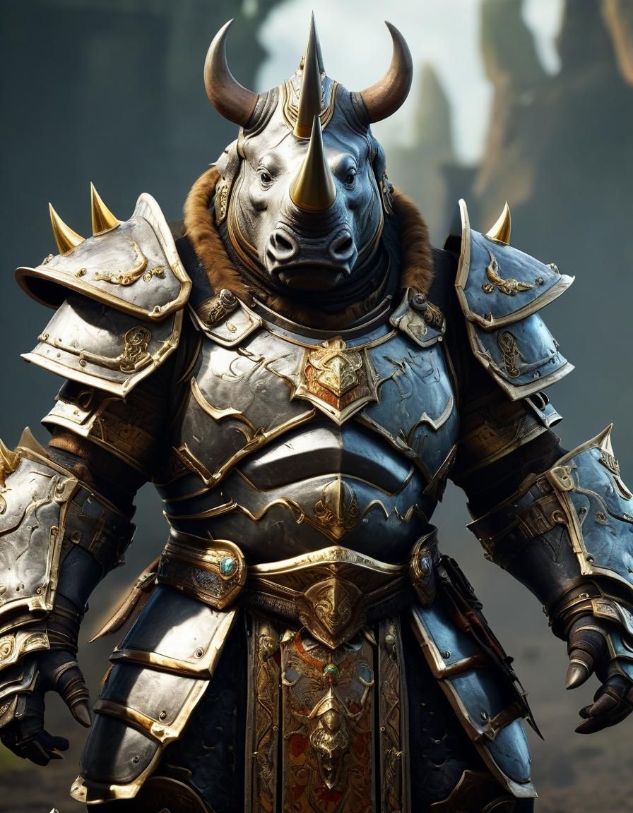 realistic game character, humanoid rhinoceros, wearing heavy armor, large warhammer, armor adorned with ...  by @Robert