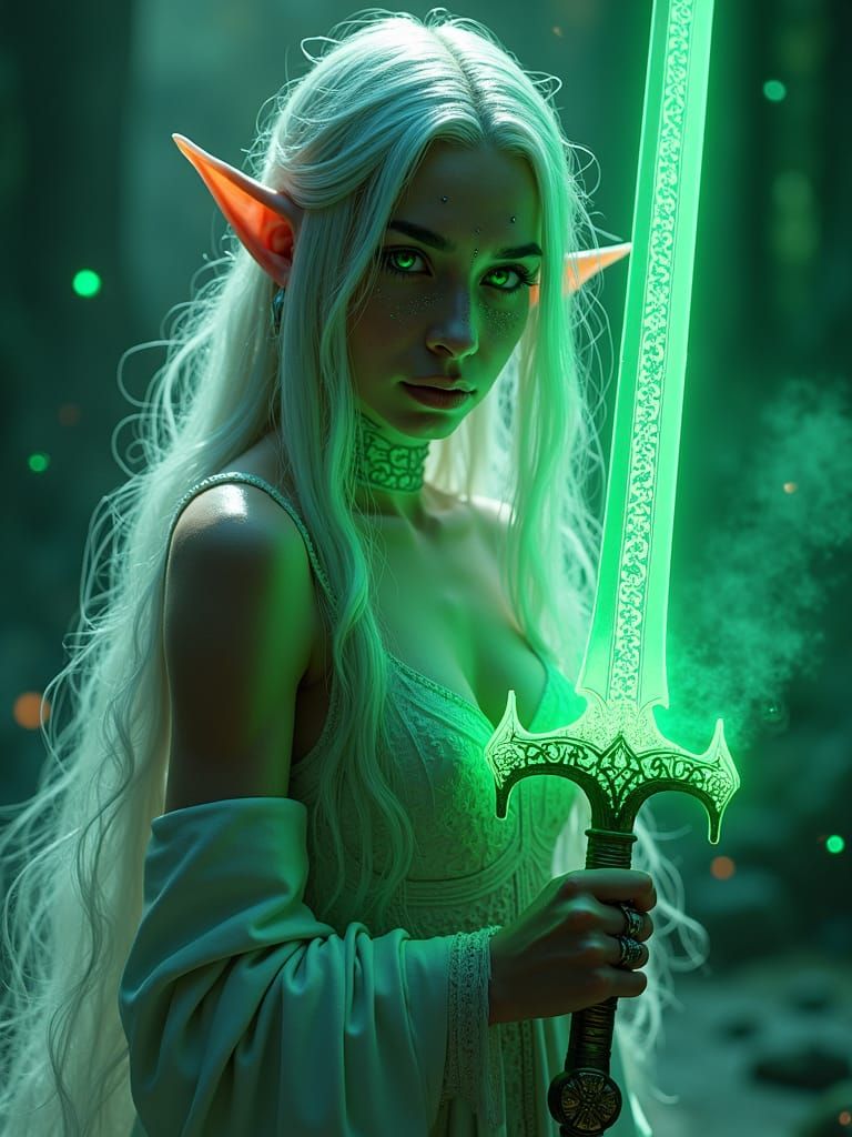 Heroic Elf Warrior in a Neon Fantasy Realm