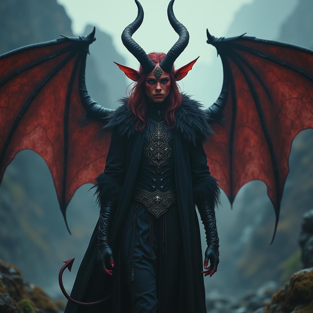 Young tiefling Warlock, androgynous, with horns and wings, red skin, 