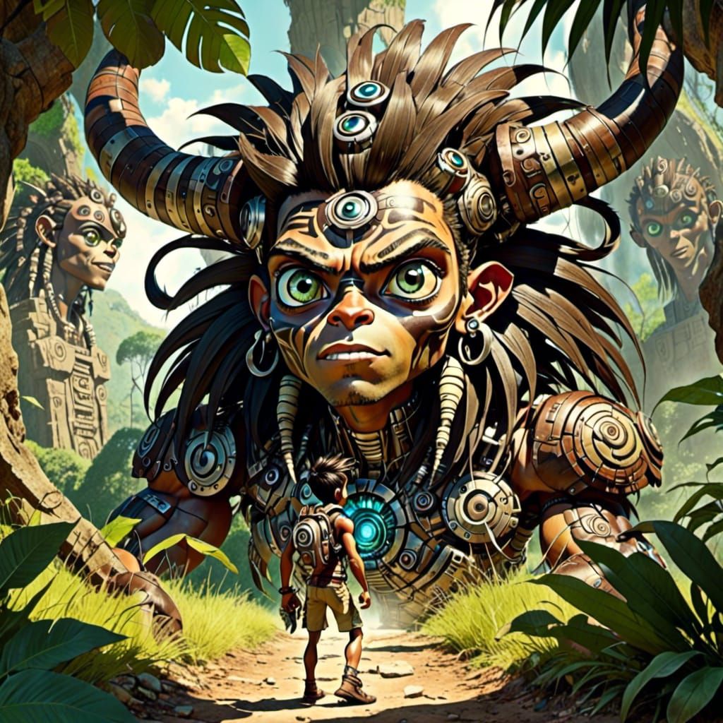  <lora:Tribal_Warrior:1.0> An explorer discovering an ancient ruin in the jungle