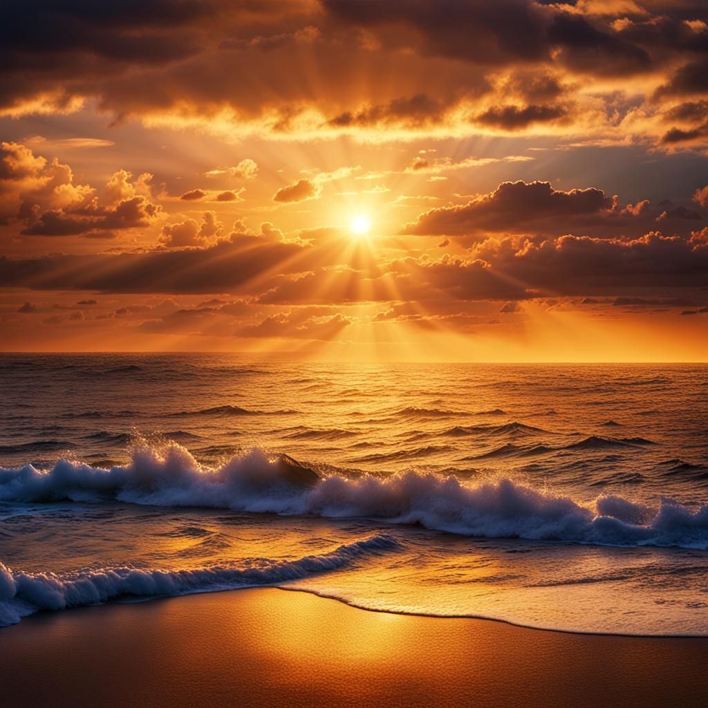 Majestic ocean sunset scene with warm hues and glowing sun