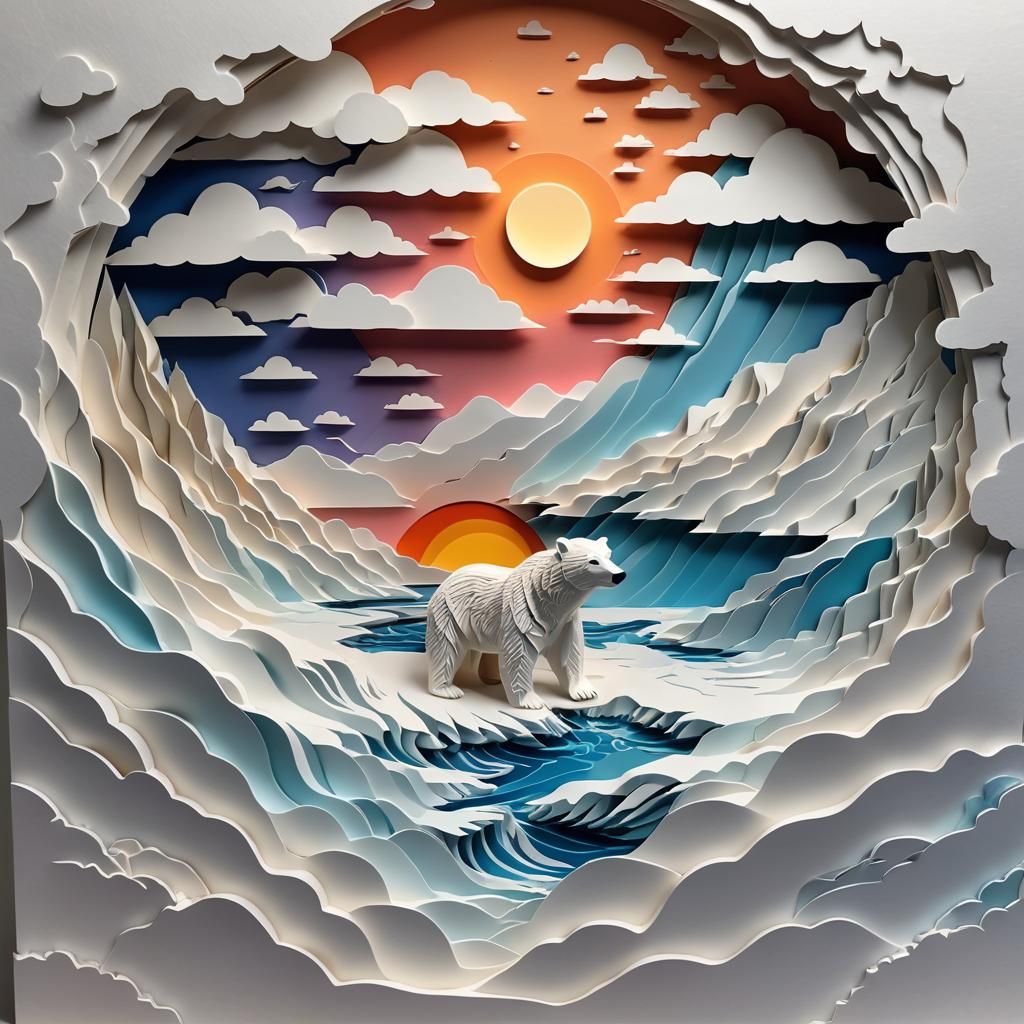 Kirigami Paper art, layered, 3D,  Kirigami Polar bear on an ice shelf, ice cave, clouds, sunset, crushing waves ...  by @Gigi