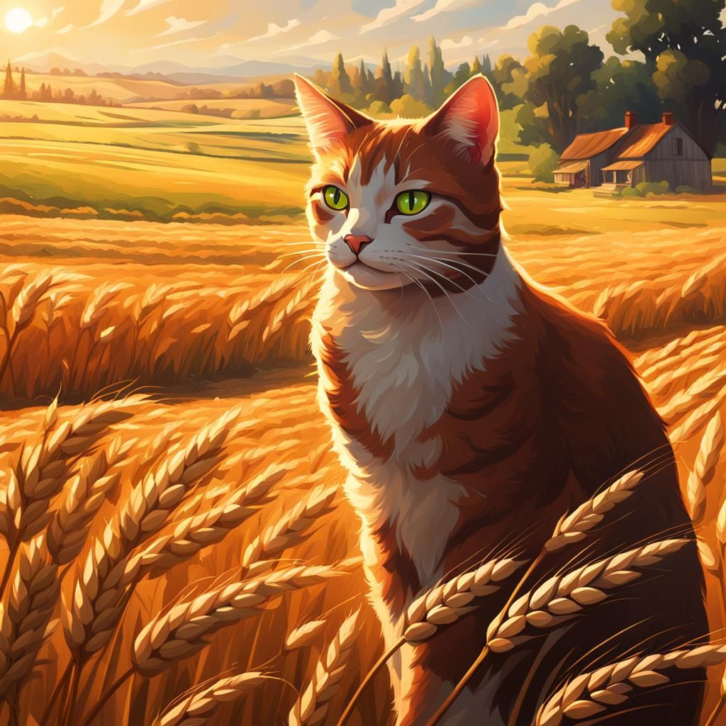 Cat Farmer Overseeing Wheat Fields in Acrylic Art