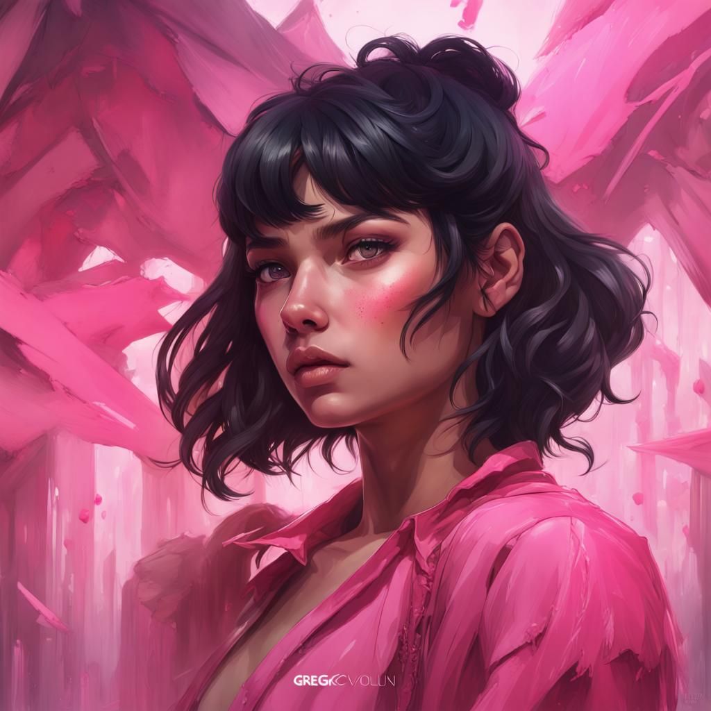 girl with black hair dressed in all pink with 'i messed up' ...