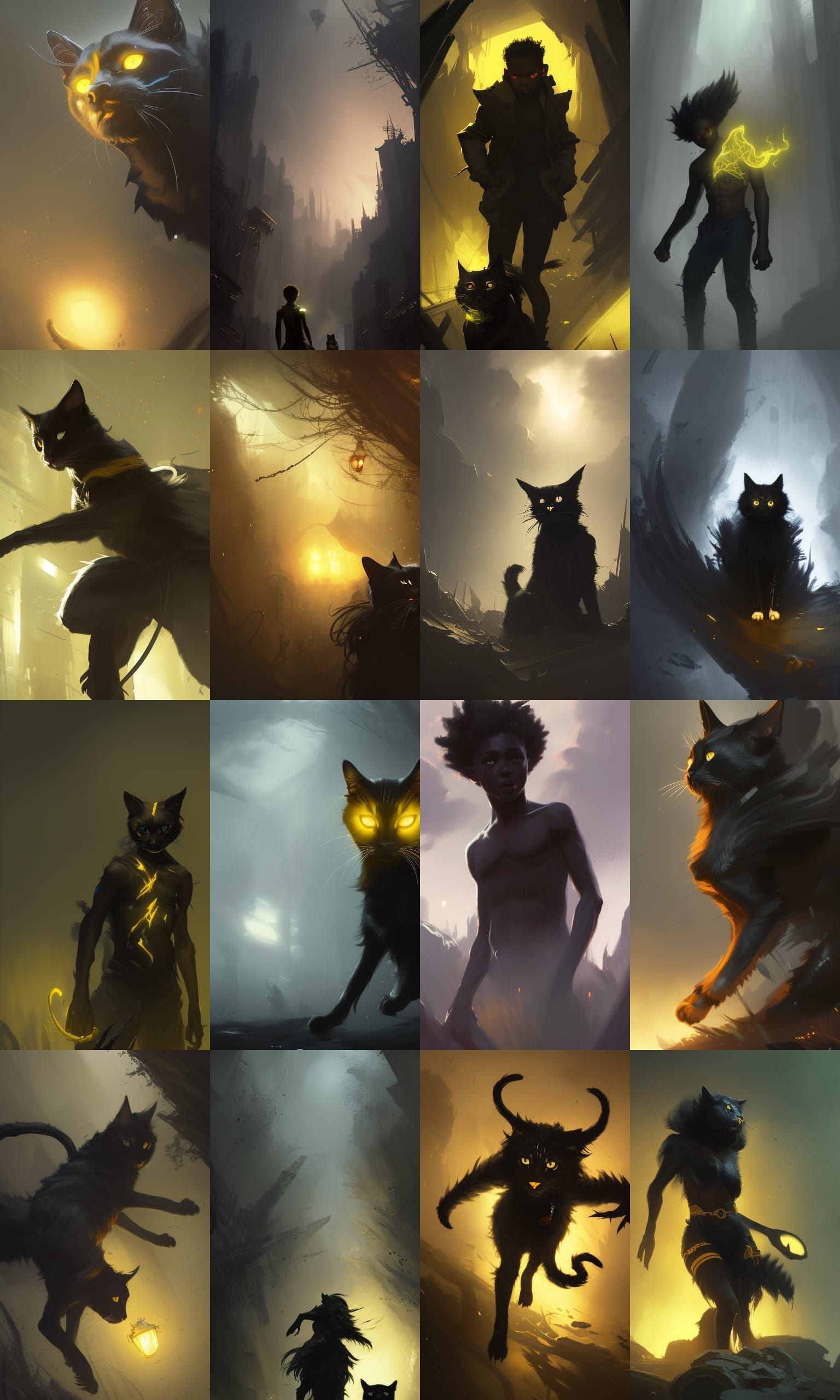 Black boy with yellow eyes, black cat tail and ears AI Generated