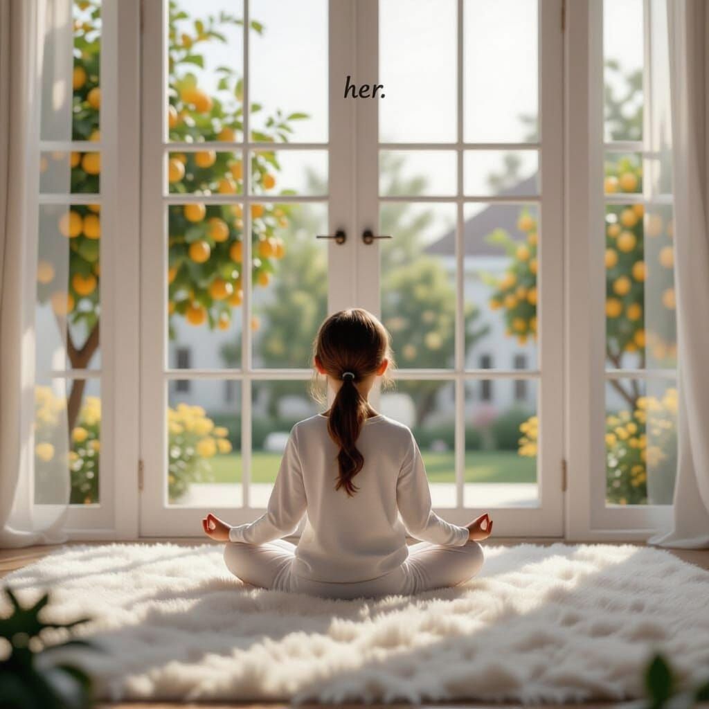 изобрази мне графический рисунок гипер реалистичный . большая белая комната с-высокими окнами в американском стиле. на пушистом ковре сидит ...