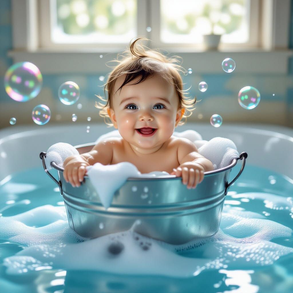 Hyperrealistic Baby Enjoying a Sudsy Bath Time