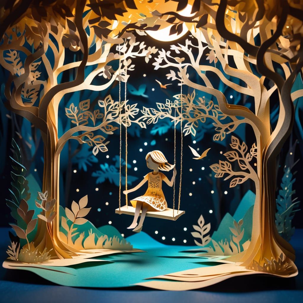 Girl on Swing in Whimsical Paper Night Landscape