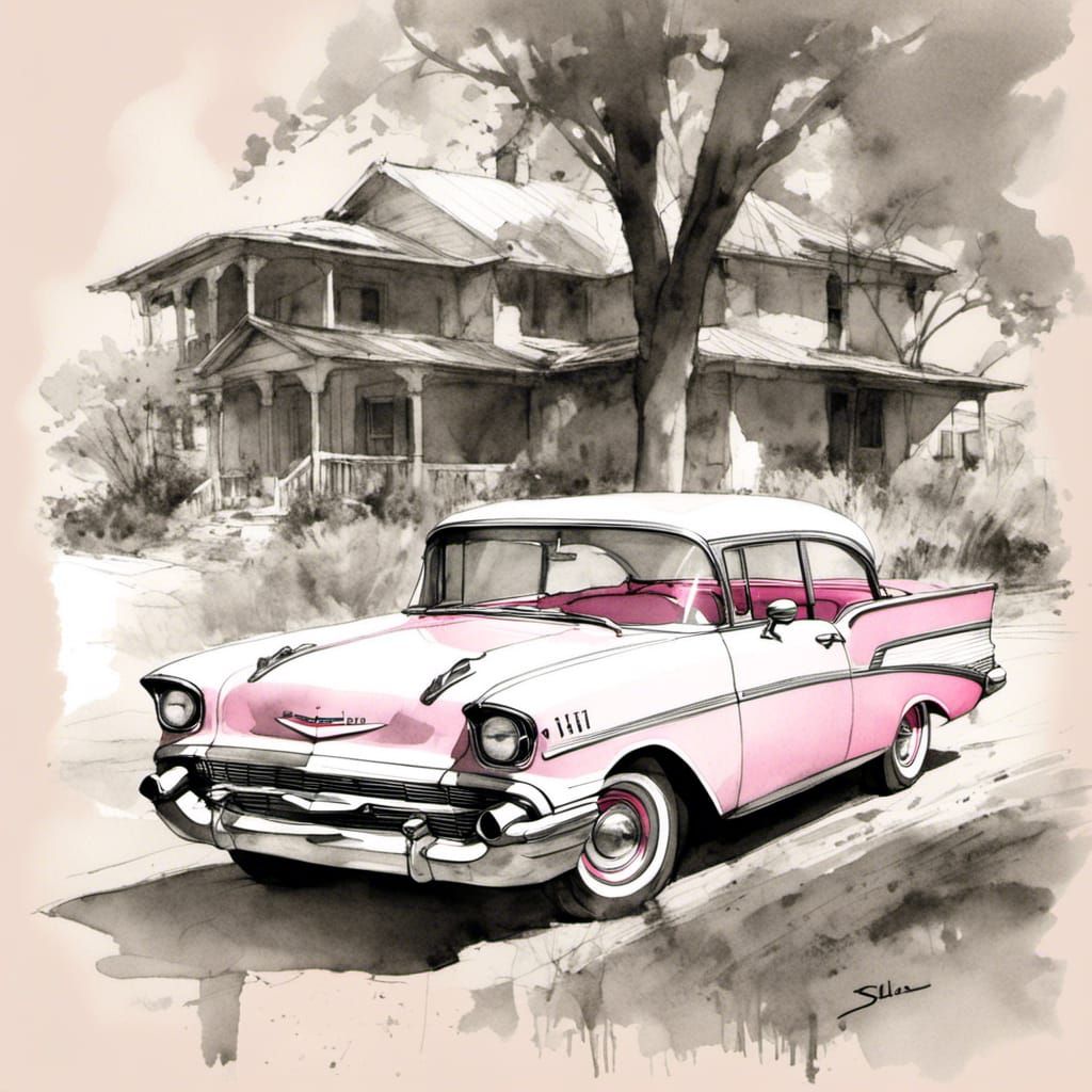 <lora:Sketch artist:1.0>chibi hot pink 1957 Chevrolet BelAir...