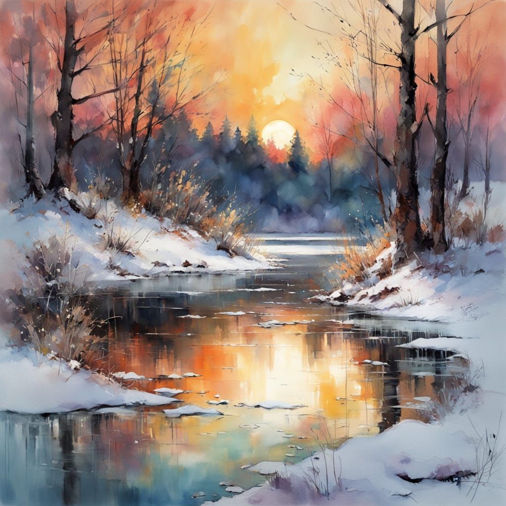 A serene winter landscape featuring a frozen lake reflecting the vibrant colors of the sunset sky  by @Mapont